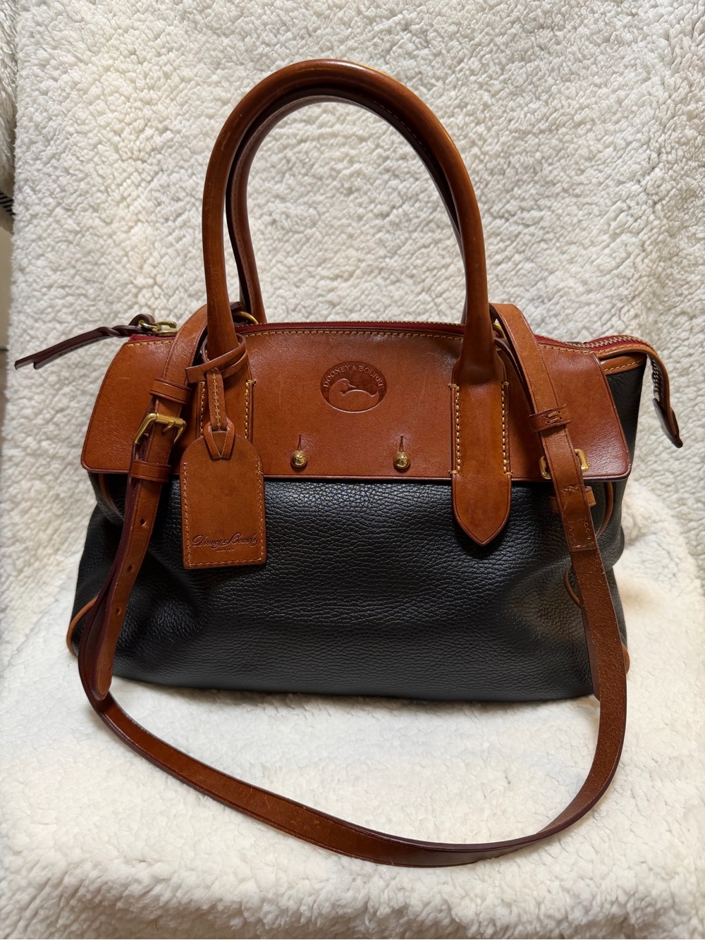 Dooney & Bourke Wilson Satchel Black Pebbled Leather/Brown Leather & Gold VTG
